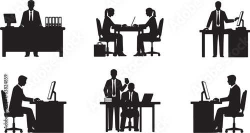 Business People Using Office Equipment Silhouettes