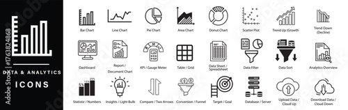 Analytical and dashboard icons showing data visualization and growth. Perfect for reports, business apps, and presentations.