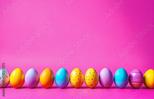 Row of easter painted eggs on pink background.