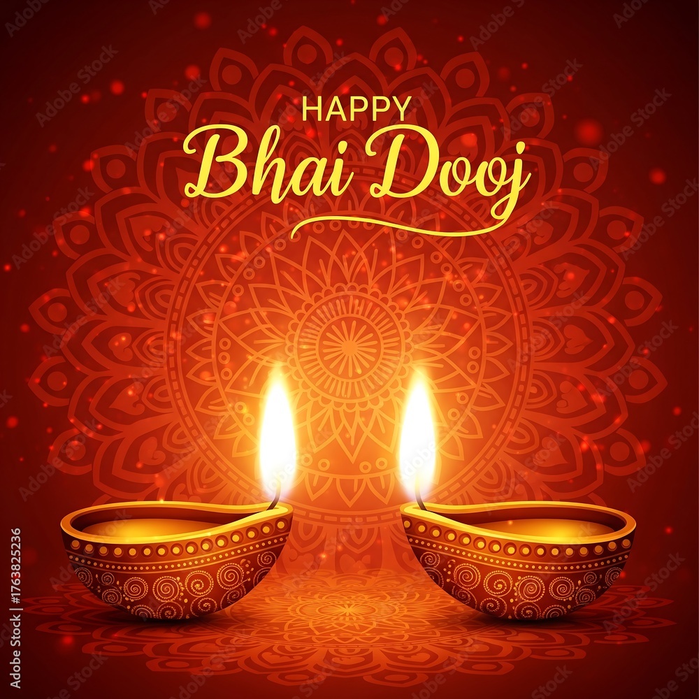 Naklejka premium Beautiful Bhai Dooj Greeting Illustration Featuring Glowing Diyas and Intricate Mandala Art Radiant Warm Colors Representing Love Between Siblings Perfect for Festive Posters Cards and Digital Designs