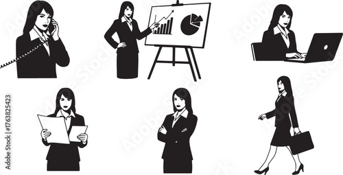 Businesswoman Performing Multiple Tasks Silhouette Set