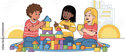 Children building blocks, educational playtime illustration, colorful shapes vector, indoor learning activity, playful classroom scene, creative kids clipart, teamwork concept