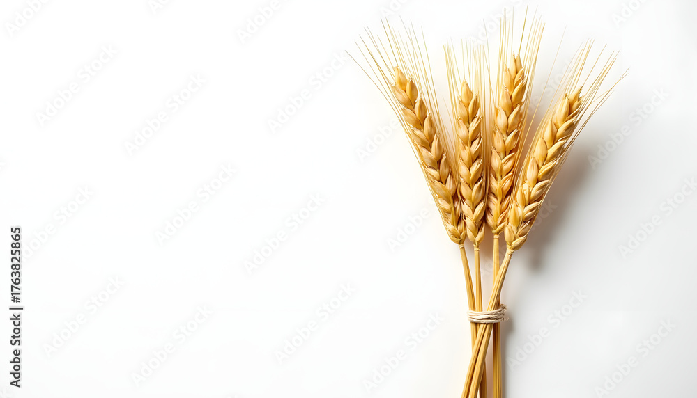 Fototapeta premium Close-up of golden wheat stalks tied together on a white background