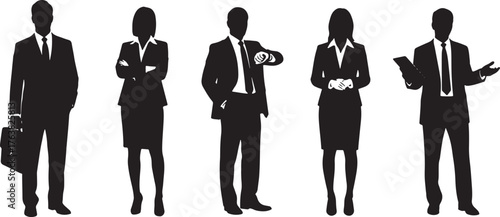 Set of Six Black Silhouettes of Business People in Standing Poses