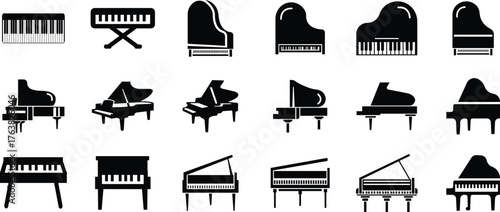 Piano Icon Set, Grand Piano Symbol Collection and Musical Instrument Group, Keyboard, Classical Music, Electric Piano, Melody, Performance, Entertainment Vector in Black flat Style