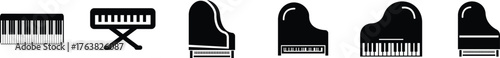 Piano Icon Set, Grand Piano Symbol Collection and Musical Instrument Group, Keyboard, Classical Music, Electric Piano, Melody, Performance, Entertainment Vector in Black flat Style