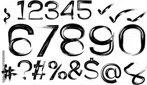 Grunge brush numbers and symbols font in black on white background