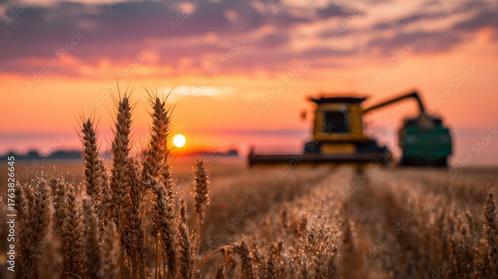 Fototapeta premium Combine harvester harvesting wheat, Combine harvester working on large wheat field, Harvester machines. Combine agriculture machine harvest golden ripe wheat field. Combine harvester working in field.