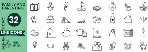 Collection of 32 simple line art icons representing various everyday objects and concepts