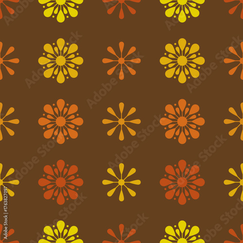 Seamless, A vibrant floral pattern featuring yellow, orange, and brown colors, creating a lively and cheerful design suitable for various decorative uses.
