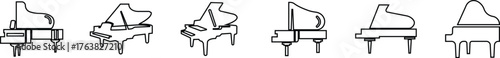 Piano Icon Set, Grand Piano Symbol Collection and Musical Instrument Group, Keyboard, Classical Music, Electric Piano, Melody, Performance, Entertainment Vector in Black Line Style