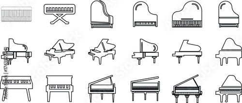Piano Icon Set, Grand Piano Symbol Collection and Musical Instrument Group, Keyboard, Classical Music, Electric Piano, Melody, Performance, Entertainment Vector in Black Line Style