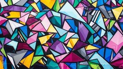 The image showcases a vibrant and abstract geometric pattern filled with sharp, angular shapes
