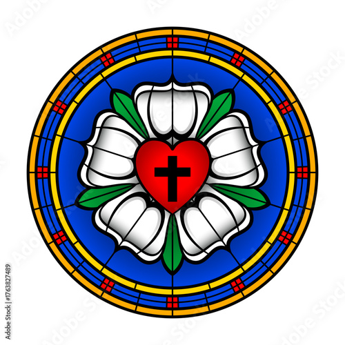 Luther Rose, Luther Seal, a symbol of Lutheranism and expression of theology and faith of Martin Luther. Roman cross over a red heart, in a white rose, over blue, with a golden ring. Isolated. Vector