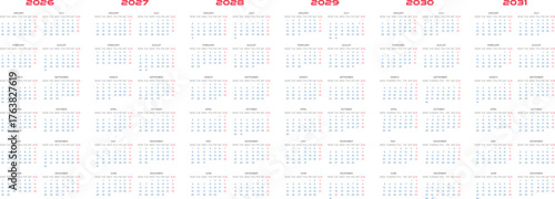 2026 to 2031 Yearly Calendar Set  Minimalist Vector Design for Wall and Planner
