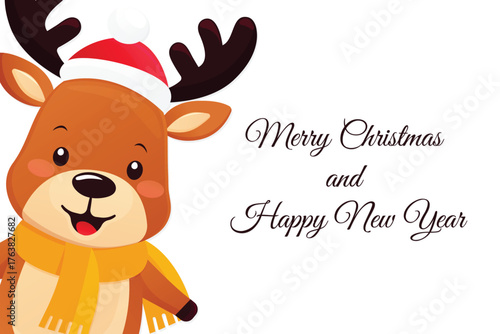 Merry Christmas Happy New Year Minimalist Card Cute Reindeer