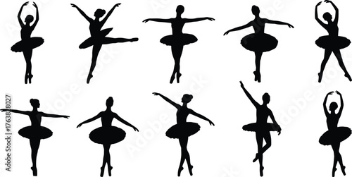 Ballet dancer silhouette, classical dance pose, elegant ballerina movement, graceful performance art, female dancer outline, arabesque pirouette, stage choreography