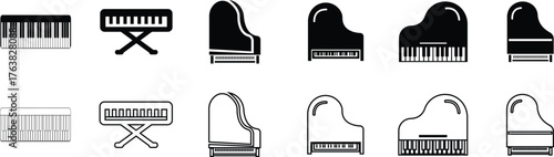 Piano Icon Set, Grand Piano Symbol Collection and Musical Instrument Group, Keyboard, Classical Music, Electric Piano, Melody, Performance, Entertainment Vector in Black Flat and Line Style