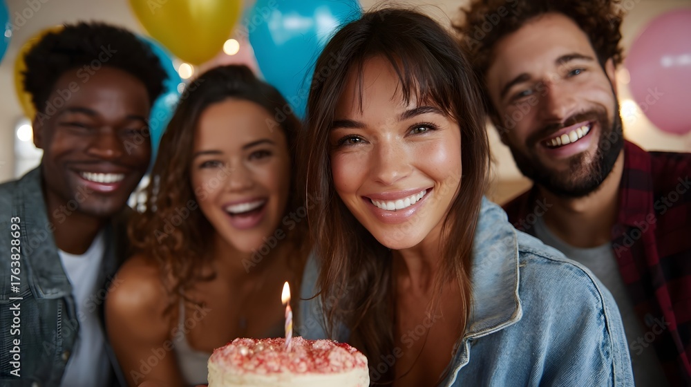 Obraz premium A group of diverse friends joyfully celebrating a birthday together with a cake and balloons