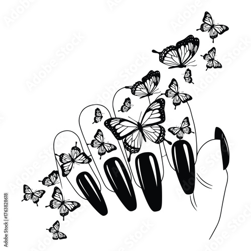Vector art of elegant hand with black nails and butterflies, a symbol of beauty and transformation