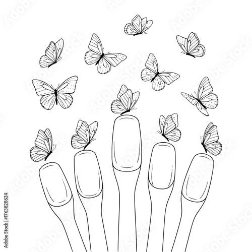 Vector art of graceful hand with butterflies on nails, a symbol of freedom and delicate beauty
