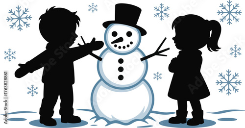 Silhouette of Two Children Making a Snowman with Top Hat Surrounded by Snowflakes