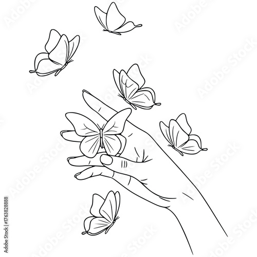 Vector art of hand holding butterfly with flying butterflies around for beauty concept