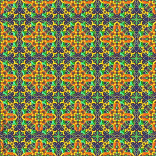 Bold seamless 3D geometric pattern with stylized Thai motifs. Vibrant contrast of bright orange and lime green against a dark blue background in an intricate, repeating floral lattice design.