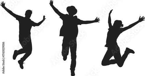 Jumping silhouette people, energetic pose, celebration moment, youth joy, dynamic movement, happy figures, flat vector illustration, black white contrast