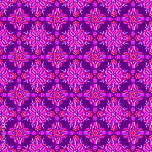 Vibrant seamless geometric pattern with 3D effect, featuring stylized Thai motifs in intense purple and fuchsia pink. Bold, repeating design with a symmetrical, star-like structure.