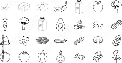 Black and white line art illustrations of various healthy food items, including fruits and vegetables.