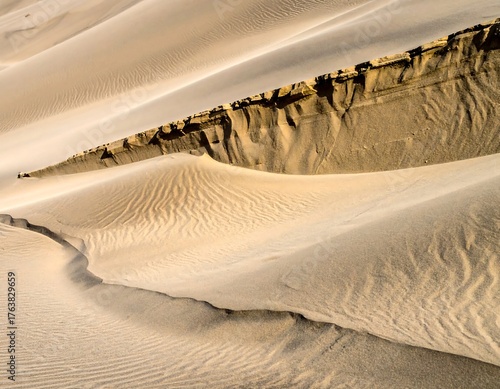Fototapeta Naklejka Na Ścianę i Meble -  Close-up of dunes with texture and layers, lit by sunlight