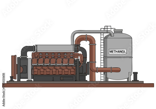 Illustration of a methanol power plant generator with storage tank. Clean, modern design. Suitable for technical or industrial themes.