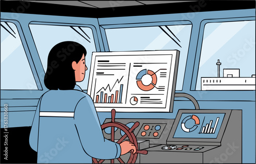 A female professional monitors data on a control panel aboard an LNG carrier. She focuses intently on charts and graphs, overseeing operations. Modern, detailed illustration.