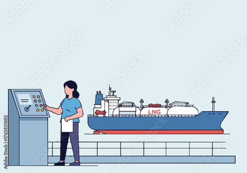 A professional woman oversees an LNG ship setup check, highlighting logistics and industrial operations. Clean lines and a modern aesthetic create a visually appealing scene.