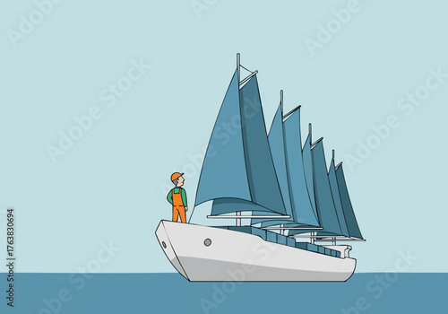 A sailor stands on a large, modern sailing vessel with multiple sails, navigating the sea. Clean lines and a minimalist style create a visually appealing image.