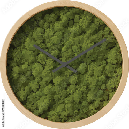 Floating Wooden Clock with Moss on Transparent Background