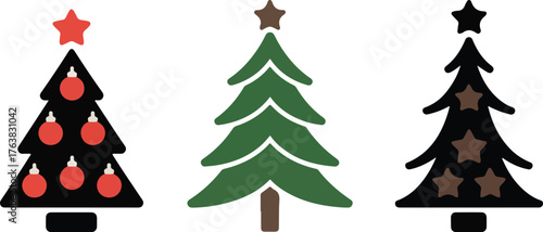 Three Stylized Christmas Trees Black Tree with Ornaments, Green Plain Tree, Black Tree with Stars
