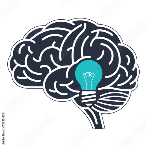 Brain with lightbulb vector illustration representing idea generation and creative thinking isolated on white background