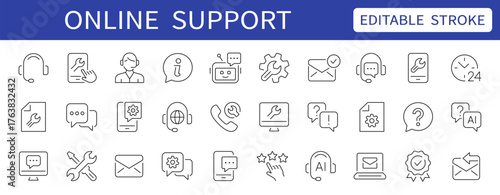 Online support thin line icons set. Editable stroke. Vector