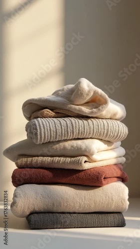 Pile of warm knitted sweaters in neutral colors on a shelf  