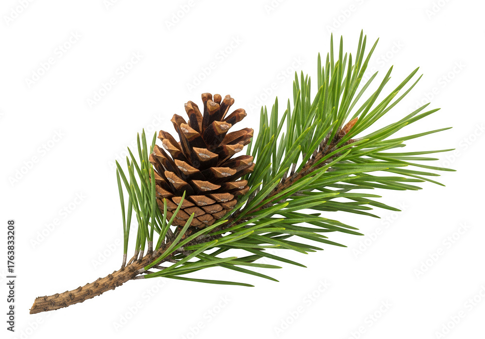 Fototapeta premium Pine cone on a pine branch isolated on transparent background