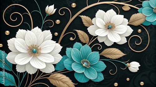 Elegant floral arrangement with white and teal flowers on a dark background with golden accents  custom 3d photo wallpaper panaflex design for wall hd background