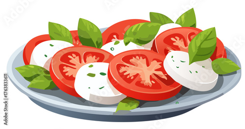 Vector drawing of caprese salad with alternating tomato and mozzarella slices, basil leaves, drizzled with olive oil, side view.