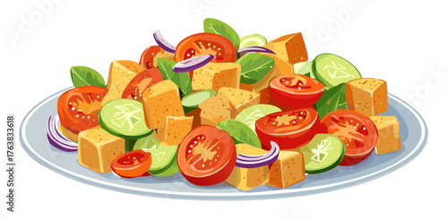 Vector drawing of traditional panzanella salad on a plate, bread cubes with tomatoes, cucumbers, red onion and olive oil, side view.