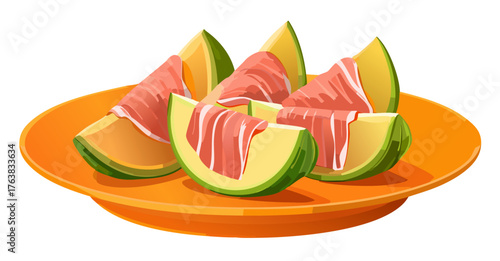 Vector drawing of melon slices wrapped in Parma ham lying on an orange plate, side view.