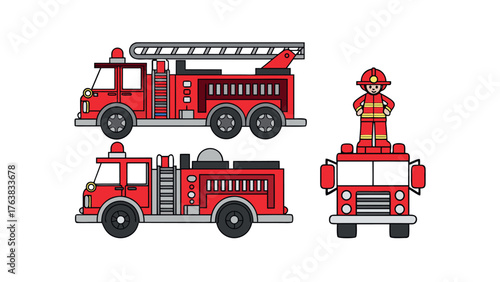 A red fire engine rescue truck with Big Ben and a London bus is isolated on a white background