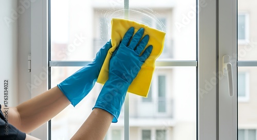 Hands in blue gloves cleaning a window with a yellow cloth.