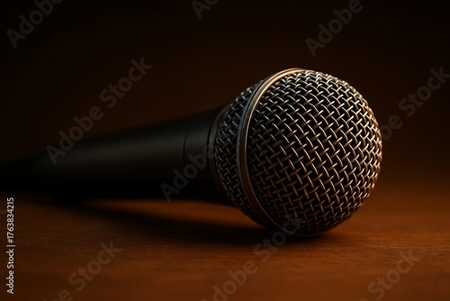 Close up of a vintage microphone on a wooden table with dramatic lighting.