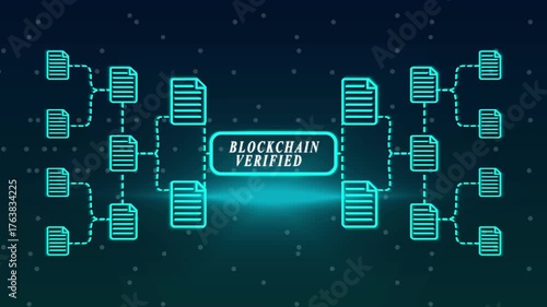Blockchain verified network of documents with glowing blue icons digital 4k video